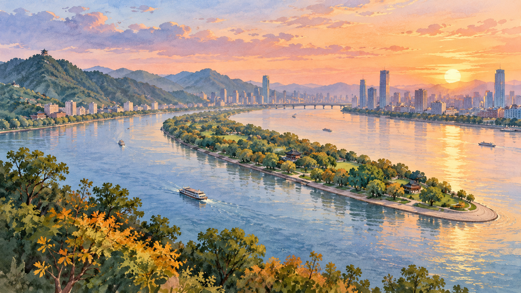 长沙湘江与橘子洲水彩风景插画