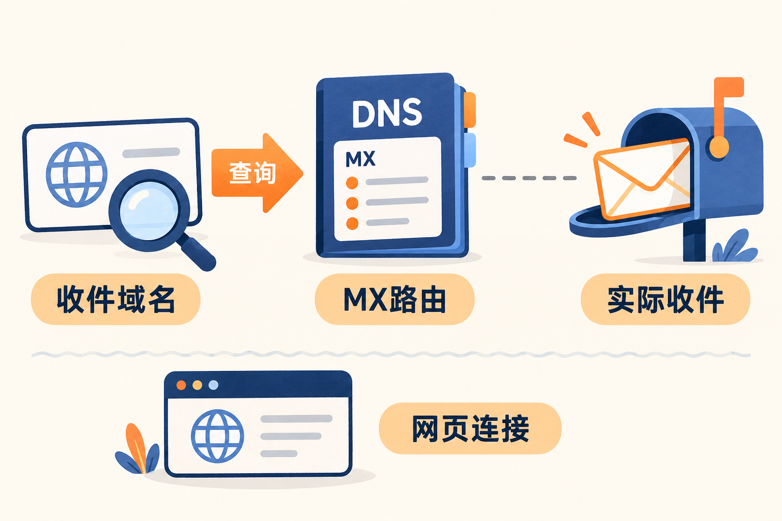 MX邮件路由查询与具体邮件收件验收分开核对的示意