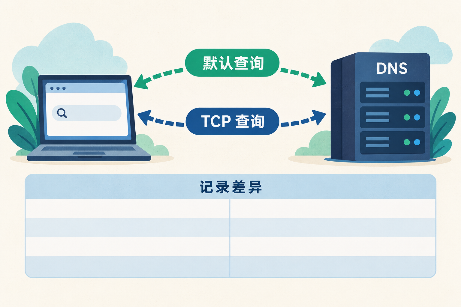 同一域名和 DNS 服务器分别接受默认查询与 TCP 查询的对照